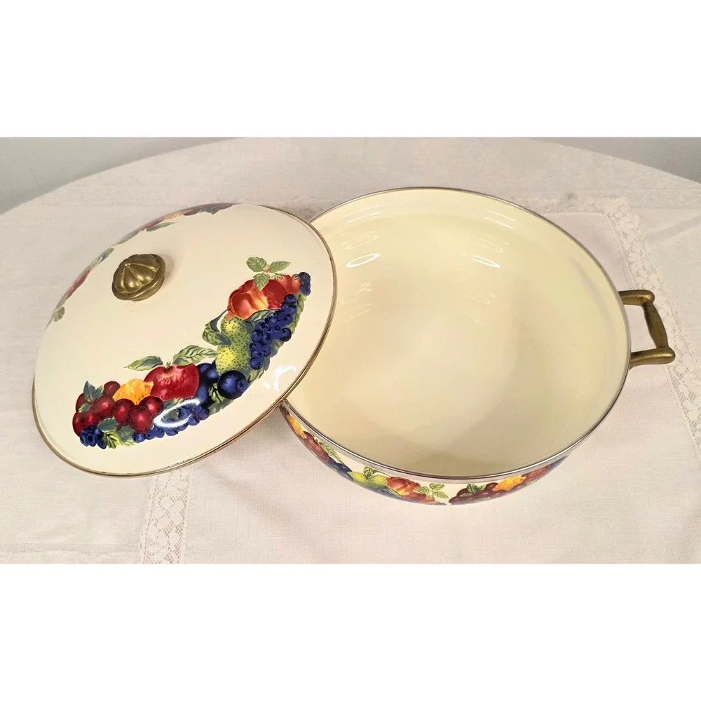 Lincoware Enamelware Fruit Harvest Dutch Oven Casserole Brass Handles 10in